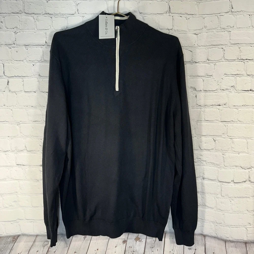 NEW Collars & Co Mens XL Black Cotton Cashmere Quarter Zip Pullover Sweater NWT